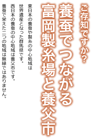 ご存知ですか？養蚕でつながる富岡製糸場と養父市　東日本の養蚕や製糸の中心地域は世界遺産となった群馬県です。西日本の養蚕の中心地域は養父市です。養蚕で栄えた二つの地域は無縁ではありません。